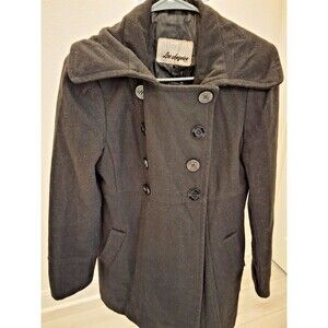 Guess Black Double Breasted Peacoat Wide Shawl Collar Fitted Wool Blend S 2000s